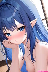 Anime Skinny Small Tits 70s Age Pouting Lips Face Blue Hair Bangs Hair Style Light Skin Dark Fantasy Prison Close Up View Sleeping Nude 3663704603209603460