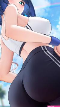 ass big boobs short hair Fukuro Ko blue hair blue eyes looking at viewer anime anime girls yoga pants sports bra sportswear Yelan Genshin Impact Genshin Impact artwork clouds palm trees watermarked