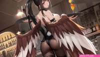 ass ponytail long hair looking at viewer sideboob big boobs red eyes standing anime anime girls Echocalypse watermarked wings glass bar bunny suit bunny ears bunny tail pantyhose trays drink black hair