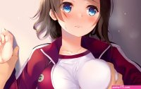 aqua eyes blush breast grab breasts brown hair komone ushio love live! school idol project love live! sunshine!! short hair watanabe you