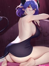 red eyes blue hair ass sideboob big boobs bareback demon girls anime girls Kinsou no Vermeil Vermeil horns pointy ears succubus demon tail