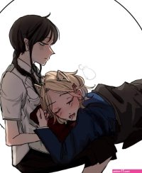 enid sinclair wednesday addams addams family wednesday netflix highres 2girls animal ears animification black hair blonde hair blush drooling euyaei goth fashion jacket lap pillow long hair multiple girls school uniform sleeping
