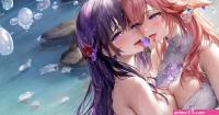 Yae Miko Genshin Impact two women tongue out lesbians boobs on boobs big boobs anime anime girls Genshin Impact Raiden Shogun Genshin Impact yuri in water bubbles water purple eyes rocks