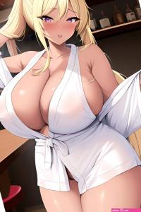 Anime Chubby Huge Boobs 40s Age Ahegao Face Blonde Ponytail Hair Style Dark Skin Comic Bar Close Up View T Pose Bathrobe 3662374877973098305