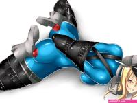1girl armbinder bdsm blonde hair blue eyes bondage bound catsuit female focus latex latex suit short hair solo
