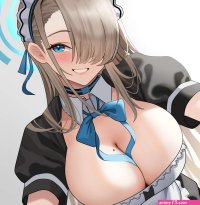 big boobs hair over one eye cleavage moles mole on breast smiling long hair huge breasts anime girls Blue Archive maid outfit Asuna Ichinose portrait display maid blushing