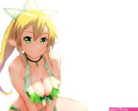 bikini blonde hair breasts cleavage green eyes kirigaya suguha leafa pointed ears swimsuit sword art online ueyama michirou white