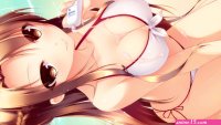 cleavage boobs kneeling big boobs brunette long hair Yuuki Asuna Sword Art Online women outdoors Sword Art Online anime anime girls ecchi bikini brown eyes closeup women on beach