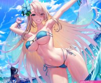 big boobs curvy belly smiling women outdoors blue eyes long hair standing huge breasts slim body Choney anime anime girls boobs bikini water flower in hair sky string bikini Asuna Ichinose