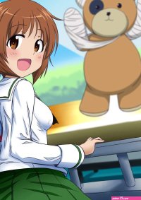 nekota susumu boko girls und panzer nishizumi miho girls und panzer 10s 1girl animal costume animal print ass bandages bear costume bear panties bear print blurry brown eyes brown hair depth of