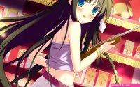 black hair blue eyes blush bow braids favorite game cg gun headband irotoridori no sekai kisaragi mio long hair panties shida kazuhiro skirt skirt lift striped panties teddy bear underwear weapon