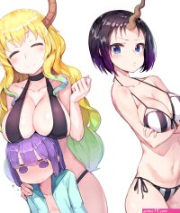 big boobs monster girl dragon girl cleavage thighs the gap belly button blue eyes closed eyes short hair long hair multi-colored hair smiling curvy purple hair looking away sideboob glutes blonde Kobayashi-san