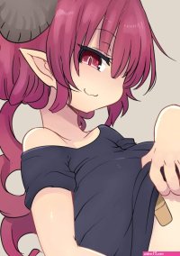 cool-kyou shinja ilulu maidragon kobayashi-san chi no maidragon highres 1girl :3 bandaid bandaids on nipples breasts dragon girl horns huge breasts long hair pasties pink hair pointy ears shortstack solo underboob -