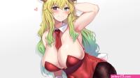 big boobs huge breasts dragon girl cleavage bunny girl thighs Moisture one arm up armpits multi-colored hair anime anime girls ecchi simple background Kobayashi-san Chi no Maid Dragon Lucoa Kobayashi-san Chi no
