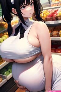 Anime Pregnant Huge Boobs 70s Age Angry Face Black Hair Pigtails Hair Style Light Skin Watercolor Grocery Side View Spreading Legs Maid 3669197435251818752
