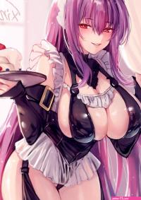 big boobs cleavage long hair purple hair red eyes smiling Obiwan artist Xin artist anime anime girls digital art artwork 2D portrait display maid outfit maid pancakes Fate series FateGrand Order Scathach