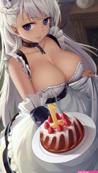 xiaoyin li belfast azur lane azur lane silver hair commentary request highres 1girl apron bare shoulders black dress blurry blurry background braid breasts cake cleavage closed mouth curtains depth of field dress