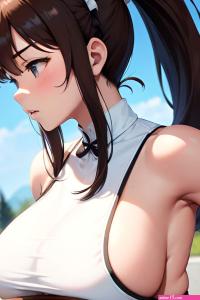 Anime Muscular Huge Boobs 40s Age Sad Face Brunette Pigtails Hair Style Light Skin Warm Anime Club Side View Cooking Maid 3671404616874156259