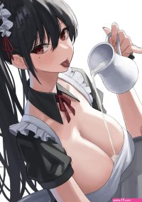 dark hair red eyes big boobs moles long hair cleavage tongue out anime girls black hair twintails maid maid outfit low neckline blushing milk