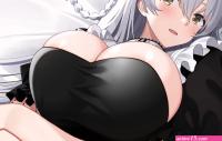 Hermione Azur Lane big boobs holding boobs cleavage huge breasts lying on back Sakamotono anime anime girls Azur Lane silver hair maid outfit