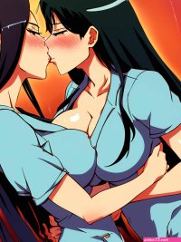 Porn image of fully clothed black hair lesbian huge boobs anime 20 doctor kissing created by AI