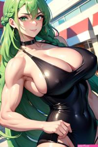 Anime Muscular Huge Boobs 30s Age Seductive Face Green Hair Braided Hair Style Light Skin Comic Mall Front View Gaming Teacher 3678841784776313623