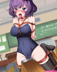 eudetenis katsushika hokusai fate fategrand order fate series highres 1girl arms behind back bdsm black thighhighs blue one-piece swimsuit blunt bangs blurry blush bondage bound breasts chair character name character watermark...