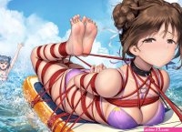 2girls bikini bondage brown eyes brown hair haneru short hair signed swimsuit water