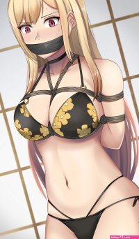 kitagawa marin sono bisque doll wa koi wo suru absurdres highres 1girl bare shoulders bdsm bikini black bikini black choker blonde hair blush bondage bound breast bondage breasts choker collarbone floral print