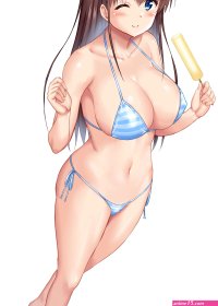 original characters cleavage blue eyes big boobs brunette Uehiro anime girls bikini popsicle wink anime