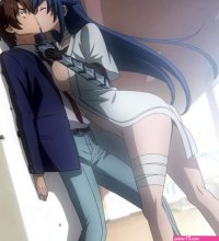 hitsugi sayo mikami arashi triage x anime screenshot highres 1boy 1girl blue hair breast on chest breast press breasts closed eyes from side gauntlets hetero kiss lab coat large breasts long hair