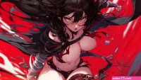 bandage black hair blush breasts cape fire garter hood long hair magic mitsu mitsu art navel nipples pointed ears shorts tales of berseria thighhighs torn clothes velvet crowe watermark weapon yellow eyes
