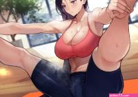 huge breasts cleavage legs up Yoshio artist nipple bulge anime anime girls digital art artwork sweat gym clothes spread legs