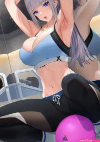 belly cleavage big boobs armpits squatting arms up Mechamania anime anime girls sports bra yoga pants shaking sweat artwork