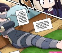 magnolia-baillon komi shouko komi shuuko komi-san wa komyushou desu highres 2girls apron arms behind back barefoot bdsm black eyes black hair bondage bound bound ankles bound arms bound legs breast bondage breasts