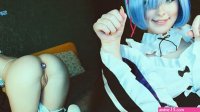 Maid girl Rem from Re Zero is missing and plays double dildo
