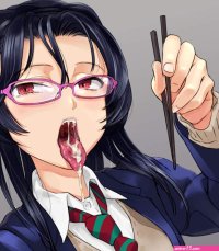 dokiyuri original highres 1girl chopsticks cum cum in mouth cum string cumdrip glasses long hair looking at viewer necktie red eyes school uniform simple background sweater vest tongue tongue out