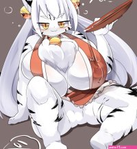 letsuo 1girl borrowed character breasts furry furry female huge breasts japanese clothes short hair solo tiger white hair yellow eyes