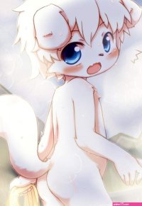 hithop original highres 1boy ass blush furry furry male male focus nude onsen open mouth partially submerged short hair shota solo steam water white hair