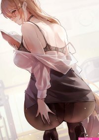 long hair hands on ass looking at viewer squatting ass Sea Nami anime anime girls pantyhose looking back bra glasses heels chair signature