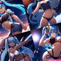 Hot thick anime girl wearing bikini bent over dark skinned blue hair in space buns looking at camera lens flare 4k quality emphasis o...