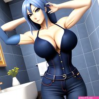 Anime blonde girl front view tight dark blue jeans bathroom...