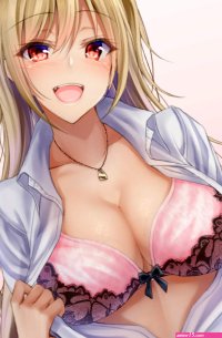 original characters cleavage big boobs blonde long hair red eyes open mouth Zeroamu anime anime girls bra open shirt artwork