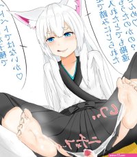 artist request highres translation request 1girl animal ears barefoot blue eyes censored cum feet footjob fox ears kitsune soles toes white hair