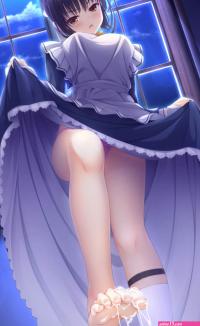 shiki natsume cafe stella to shinigami no chou yuzu-soft absurdres artist request highres huge filesize 1girl apron barefoot cum cum on body dress feet legs maid maid apron night solo toes -