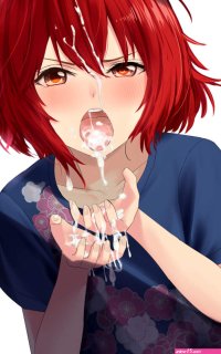 suiseimushi murakami tomoe idolmaster idolmaster cinderella girls blue legwear hair strand commentary highres 1girl aftersex blue shirt blush bob cut bukkake collarbone cum cum in mouth cum on body cum on hair