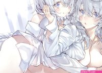 2girls blue eyes blush breasts gray hair kou mashiro long hair naked shirt navel no bra original polychromatic scan shirt short hair yuri