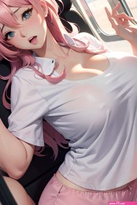Anime Busty Huge Boobs 40s Age Orgasm Face Pink Hair Messy Hair Style Light Skin Black And White Train Front View On Back Pajamas 3678041631887825335