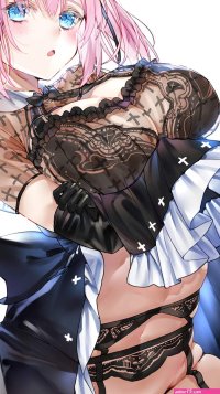Kou Mashiro blue eyes pink hair lifting dress cleavage big boobs standing anime anime girls twintails dress see-through dress garter belt panties bra lingerie