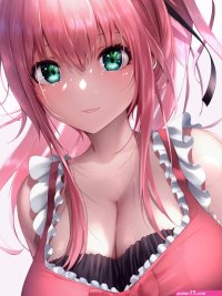 kay yu pink-haired girl kay yu original highres 1girl breasts cleavage dress frills green eyes hair between eyes huge breasts long hair pink hair ponytail red dress sidelocks simple background sleeveless sleeveless
